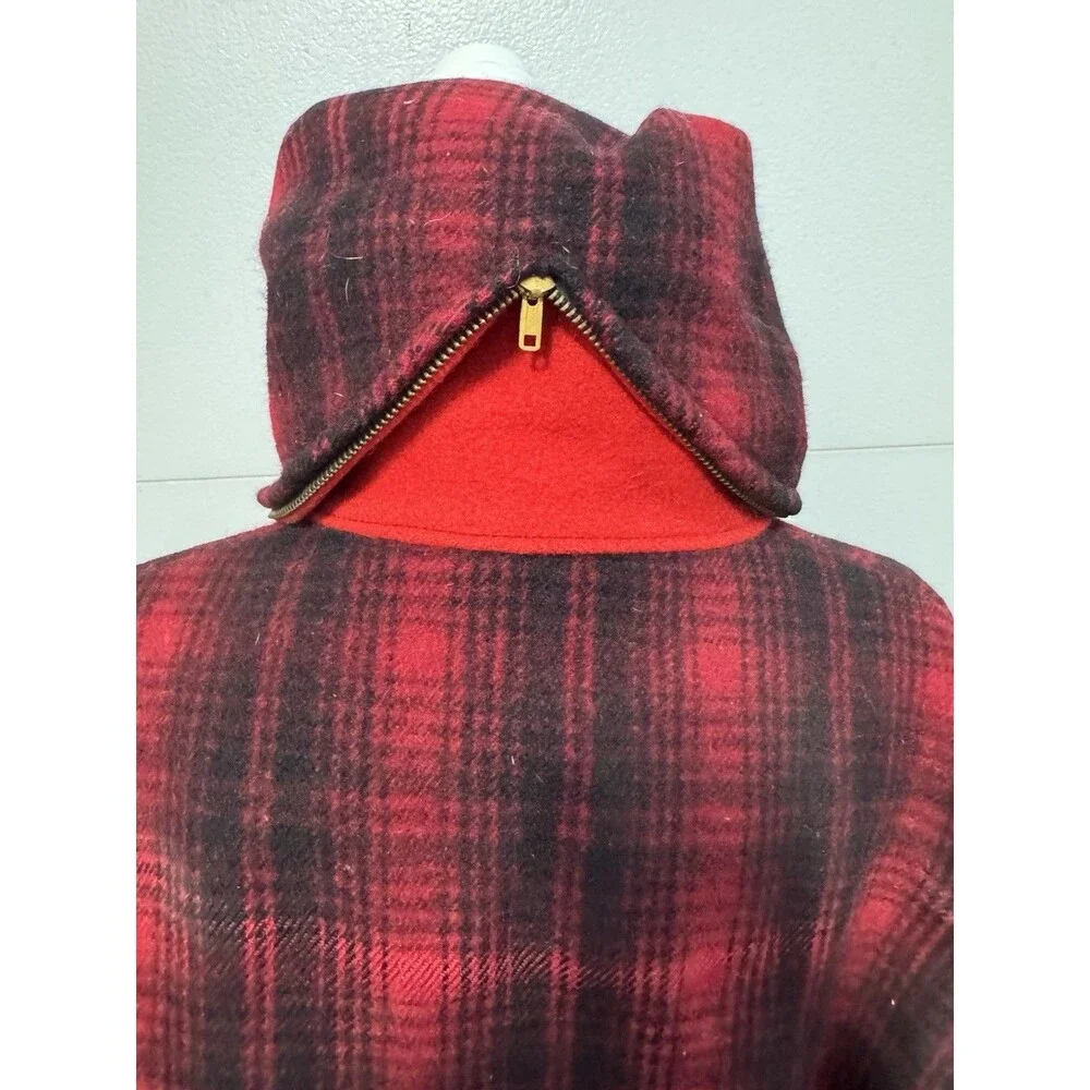 Vintage Woolrich #501 Red Buffalo Plaid Hunting Coat Split Hood Size 46 Rare